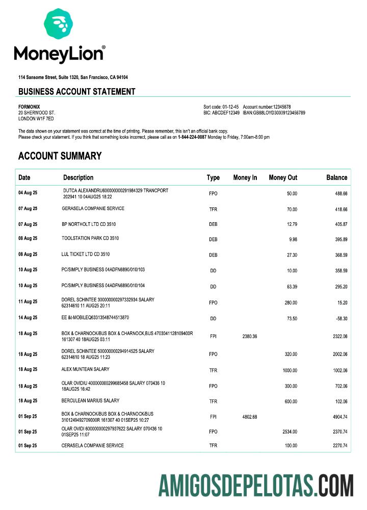 Imprimível EUA Califórnia MoneyLion Enterprise modelo de extrato de conta Word e PDF